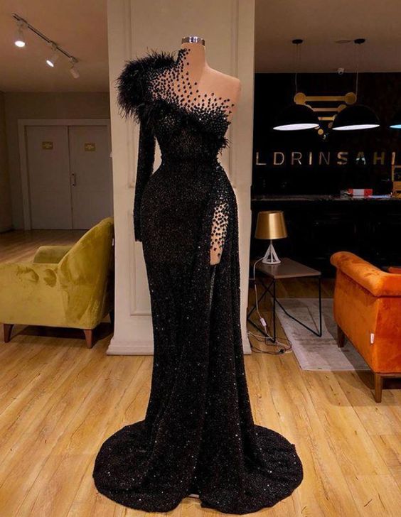 Black Evening Dresses High Neck Side Split Long Sleeve Mermaid Prom Dress Feather Beaded Sexy Special Occasion Gowns