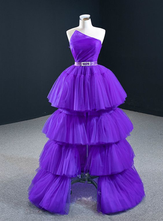 Purple Ball Gown Hi Lo Strapless Pleats Tiers Prom Dress With Belt