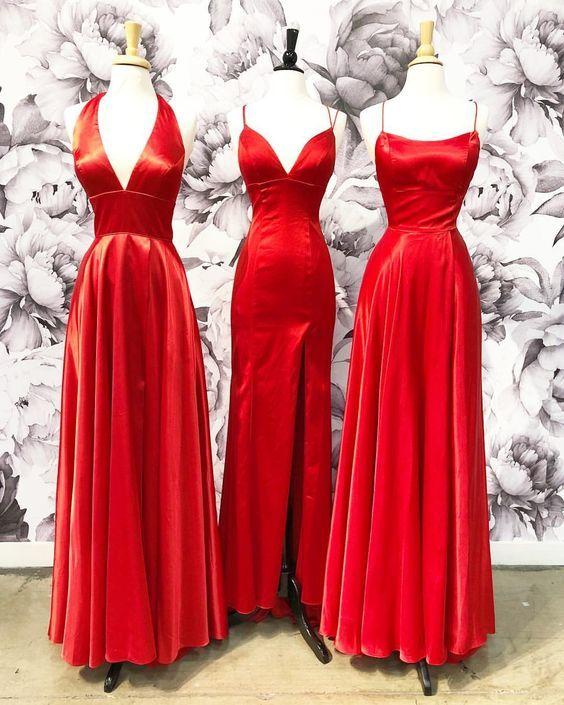 A Line Spaghetti Straps V Neck Red Ruffles Prom Dresses LBQ2182 main image 1