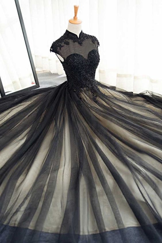 Black Tulle Lace Straps Formal Prom Dress