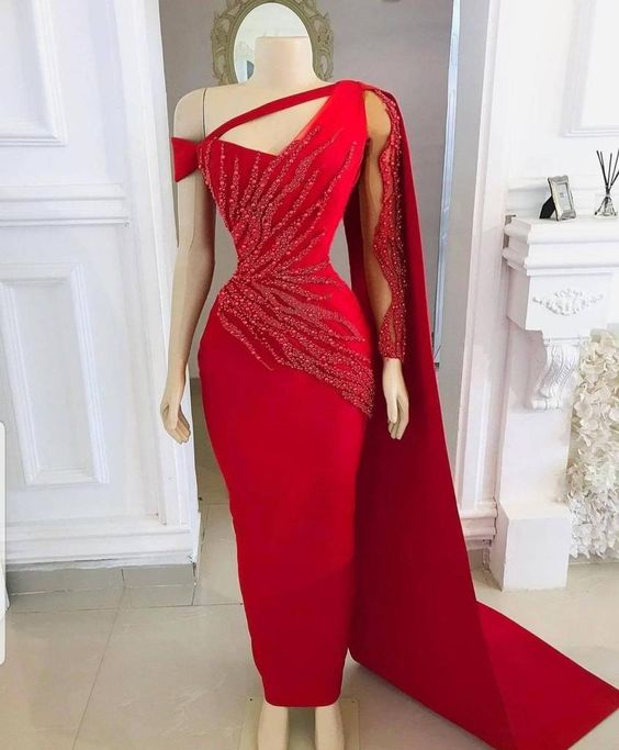 Red Long Prom Dress With Cape African Women Dress, Engagement Dress, Wedding Reception Dress, Briadsmaid Dress, Homecoming Dress