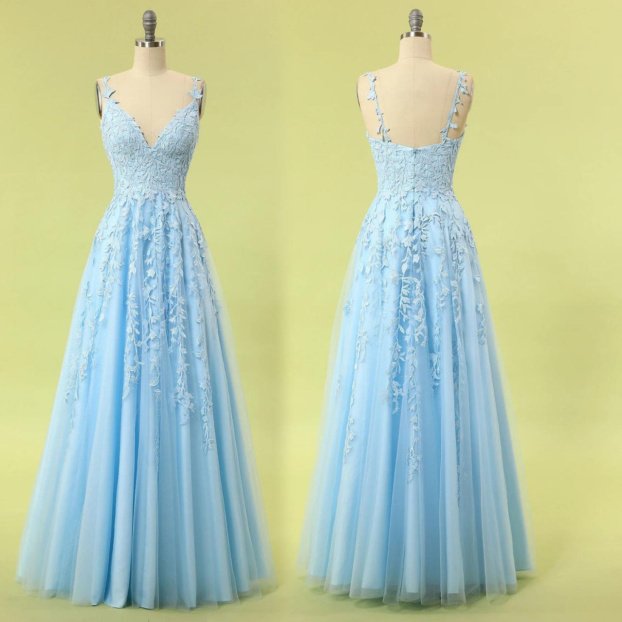 Light Blue Tulle And Lace A-line Long Prom Dress