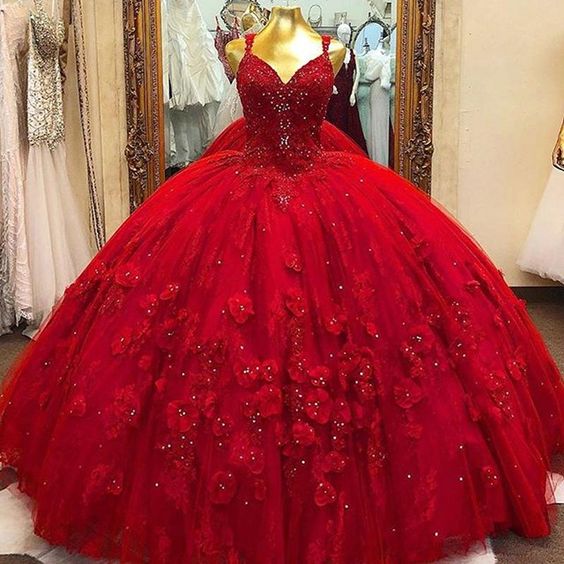 Red Quinceanera Ball Gown Dress 3d Flowrs Sweet 16 Dress Long Puffy Party Dress