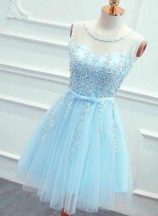 Cute Round Neck Lace Blue Short Prom Dress, Blue Tulle Formal Graduation Homecoming Dress