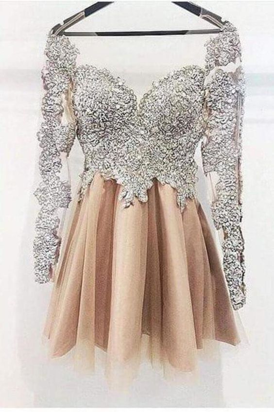 A Line Long Sleeves Homecoming Dress, Short Prom Dresses
