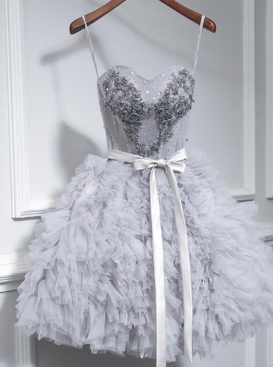 Grey Cute Sweet 16 Gown Spaghetti-straps Beaded Short/mini Party Dress