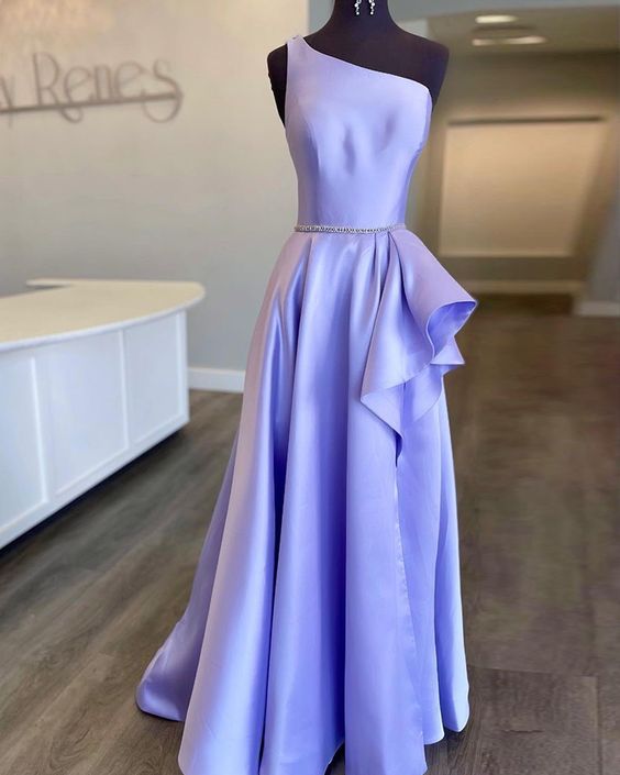 One Shoulder Lavender Beading Satin Prom Dress With Side Slit