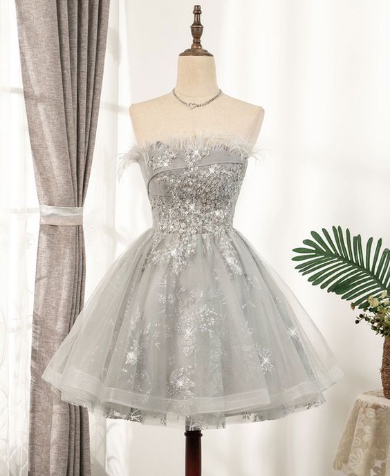 Gray Tulle Sequins Short Homecoming Dress