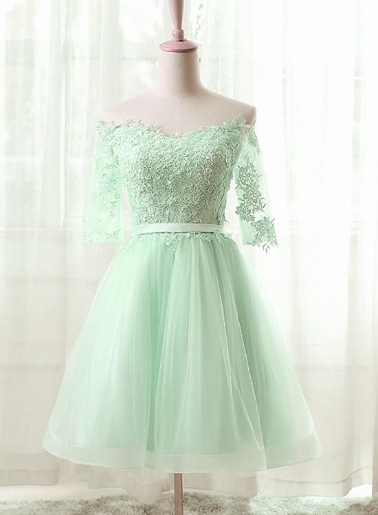 Mint Green 1/2 Sleeves Tulle With Lace Homecoming Dress, Short Prom Dress Graduation Dress