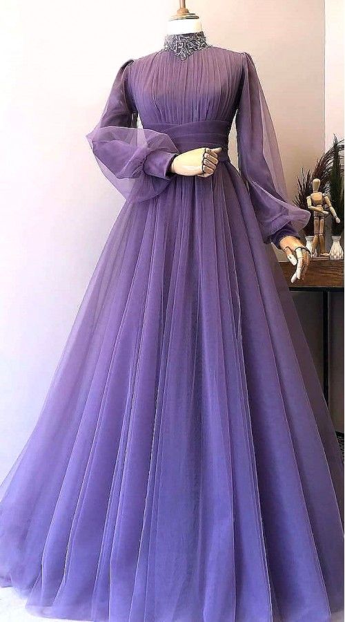 Simple long sleeve purple Long Evening Prom Dresses