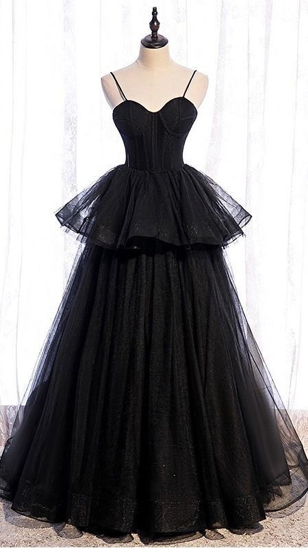 Elegant Spaghetti Straps Tulle Prom Dress ,black Prom Dress