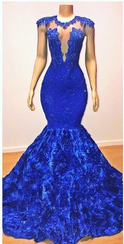 Royal-blue Flowers Mermaid Long Evening Gowns