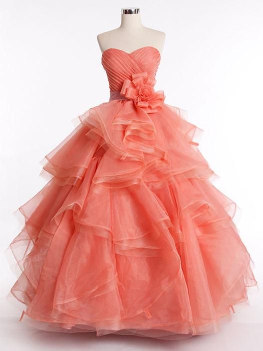 Strapless Orange Ball Gown Prom Dress With Tiered Ruffle Skirt