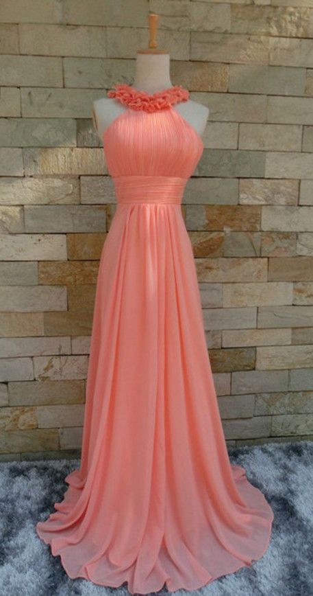 Coral Chiffon Halter Floral Long Bridesmaid Dresses, Lovely Prom Dresses