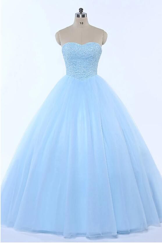 Sweetheart Baby Blue Tulle Long Crystal Strapless Ball Gown, Sweet 16 Prom Dress,custom Made Pricess Quinceanera Party Gowns