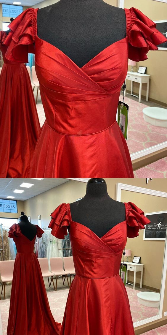 Special A-line Red Long Prom Dress With Cap Sleeves