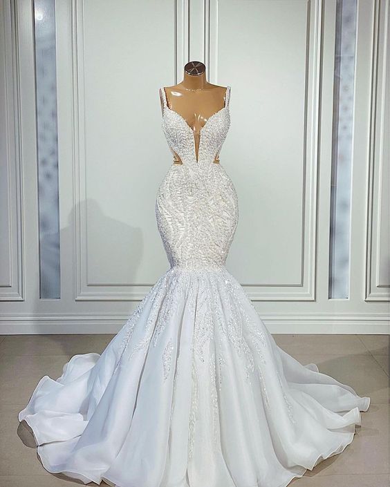 White Lace Appliqued Wedding Dresses, Bridal Dresses