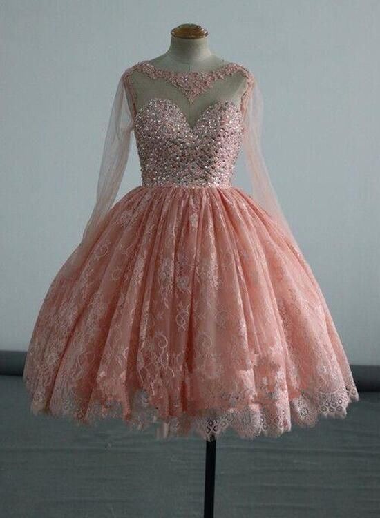 Pink Long Sleeves Homecoming Dresses, Lace And Beaded Party Dress, Short Formal Dress