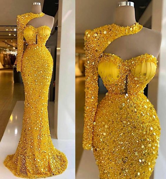 Fashion Yellow Prom Dress Floor Length Sequin Party Dress