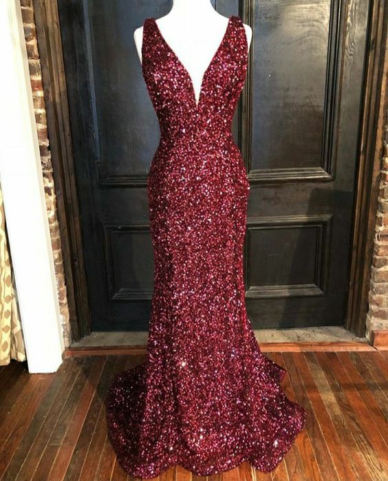 Unique Burgunyd Sequin Long Party Dress, Prom Gown