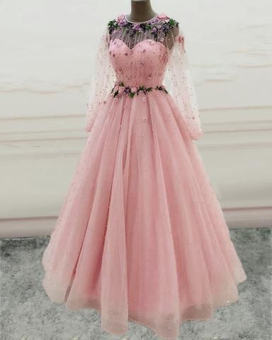 Long Sleeves Prom Dresses Princess Tulle Beaded