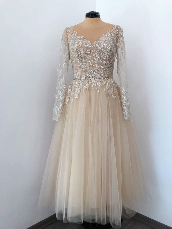 Champagne Tulle Midi Dress, Applique Rhinestone Embellished Dress, Beaded Tulle Dress, Gold Prom Lace Dress