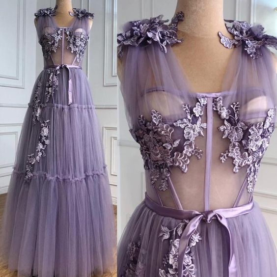 A-line Lilac Flowers Evening Dresses Perspective Floral Formal Party Wear Gown Dubai Evening Dress