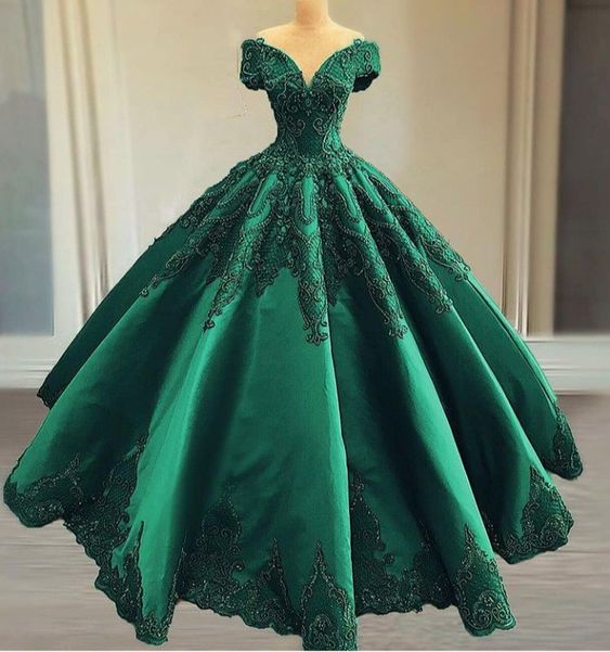 Green Princess Off Shoulder Long Formal Prom Dress, Long Appliqués Evening Dress