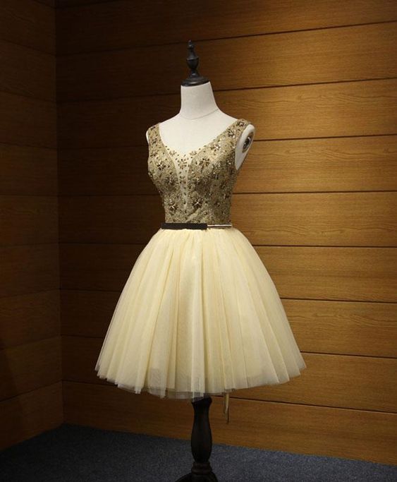 Cute Gold Tulle Lace Short Prom Dress, Cute Evening Dress on Luulla