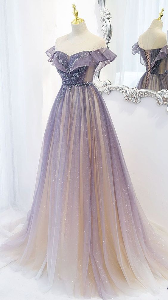Purple Tulle Sequin Long Prom Dress