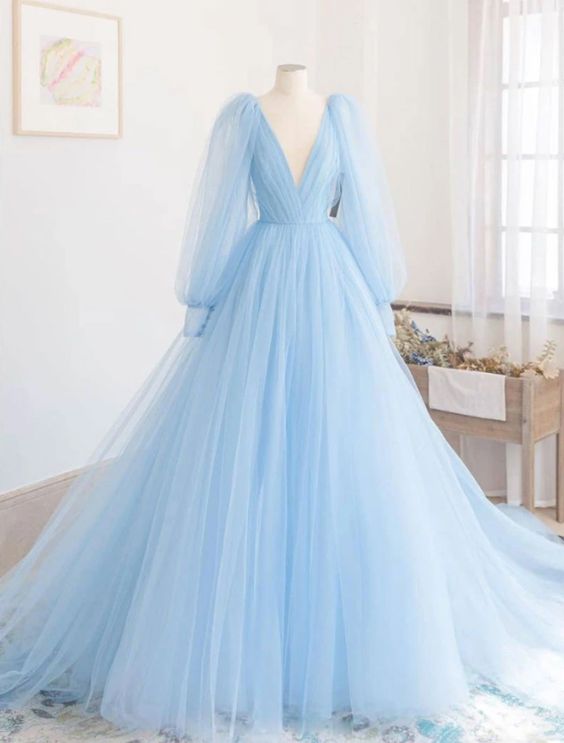 Blue v neck tulle long prom dress blue tulle evening dress