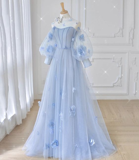 Blue Tulle Applique Long Prom Dress Blue Evening Gown