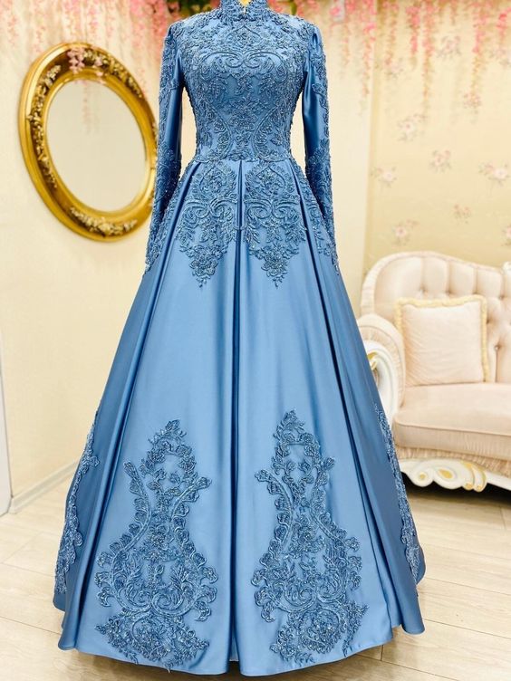 Beautiful Wedding Dress Satin Lace Appliques Long Sleeve Muslim Prom Dress Beaded High Neck Formal Evening Party Gowns