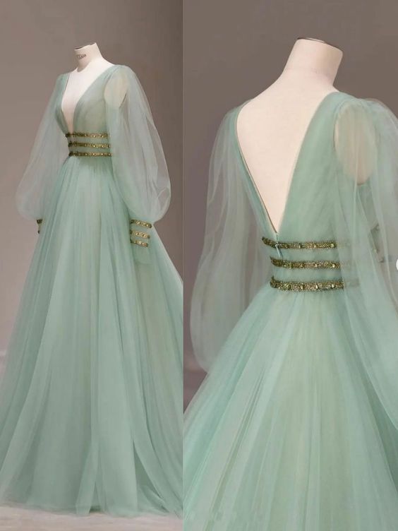 Green v neck tulle sequin long prom dress, green evening dress