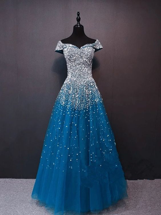 Beautiful Teal Blue Sparkle Beaded Long Formal Dress, Blue Prom Dress ...