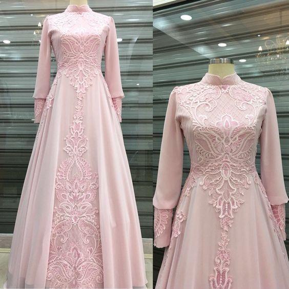 Pink Long Sleeve Prom Gown