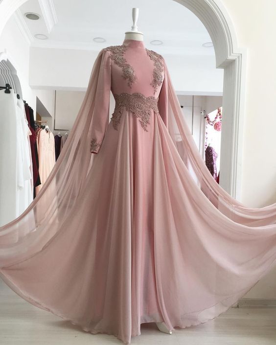 Princess Party Gown, Pink Long Sleeve Formal prom Dress