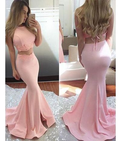 Pink Two Pieces Lace Long Prom Dress,evening Dresses, Prom Dress,prom Dresses For Teens