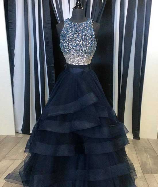 Navy Blue Two Pieces Sequin Long Prom Dress,navy Blue Evening Dress