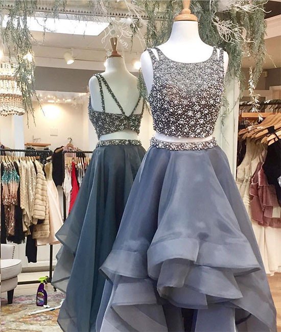 Two Pieces Gray Tulle Prom Dress, Long Gray Evening Dress