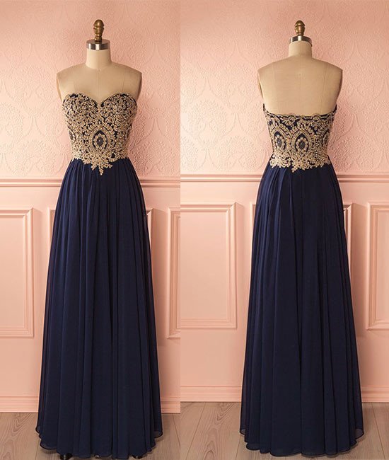 Sweetheart Neck Lace Dark Blue Long Prom Dress, Evening Dress
