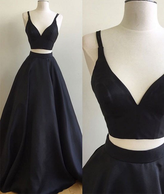 Celebrity Style Simple Two Pieces Black Long Prom Dress, Black Evening Dress