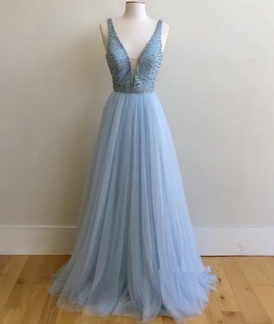 Blue V Neck Sequin Tulle Long Prom Dress, Blue Evening Dress