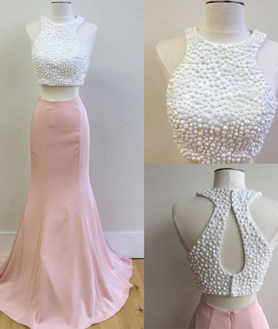 Pink Two Pieces Prom Dress, Pink Formal Dress For Teens
