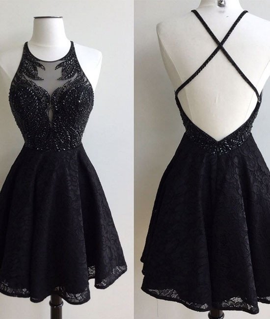 Black Beaded Embellished Halter Crew Neck Short Lace Homecoming Dress Featuring Criss-cross Open Back