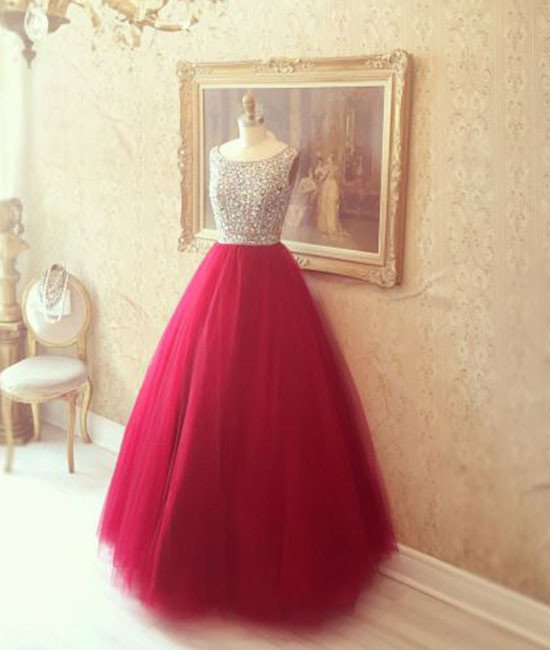 Prom Dresses, Red Round Neck Tulle Rhinestones Long Prom Dress, Red Evening Dress