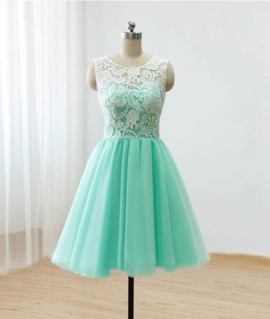 Homecoming Dresses,cute Round Neck Lace Tulle Short Green Prom Dress, Bridesmaid Dress