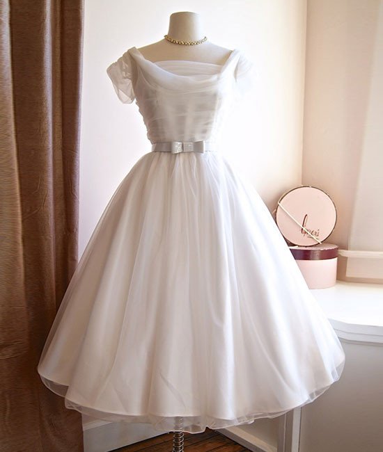 Wedding Dresses,white Round Neck Tulle Retro Short Prom Dress, Bridesmaid Dress