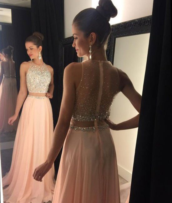 Prom Dresses, A-line Round Neck Pink Chiffon Sequin Long Prom Dress,2 Pieces Evening Dress