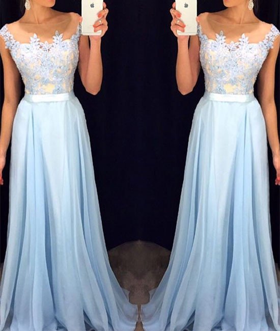 Prom Dresses, A-line Round Neck Lace Applique Chiffon Long Prom Dress, Formal Dress